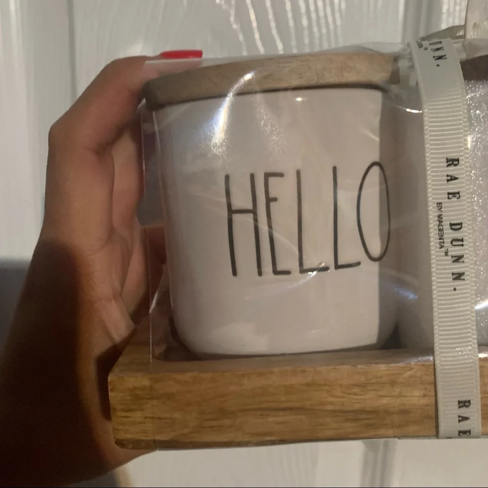 BNWT Rae Dunn HELLO. PRETTY. 2 ceramic canister jars, wooden lids & wooden tray
